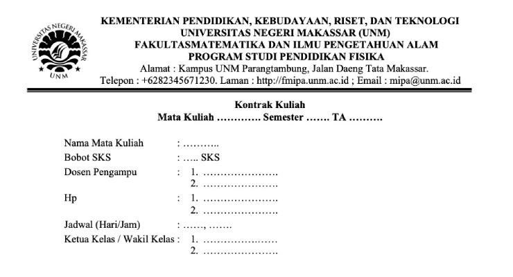 Format Kontrak Perkuliahan Sesuai Ketentuan SPMI Secara Umum